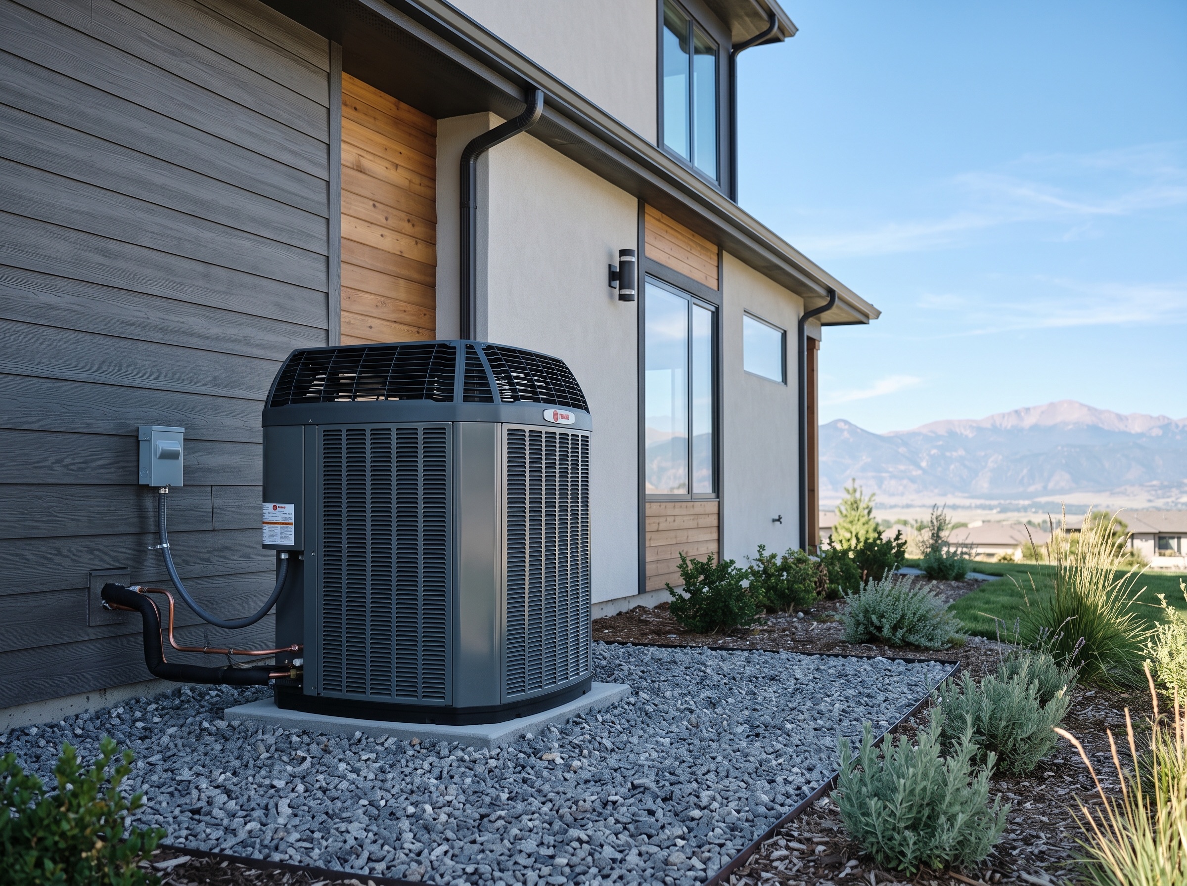 High-efficiency residential AC condenser installed beside a Colorado Springs home