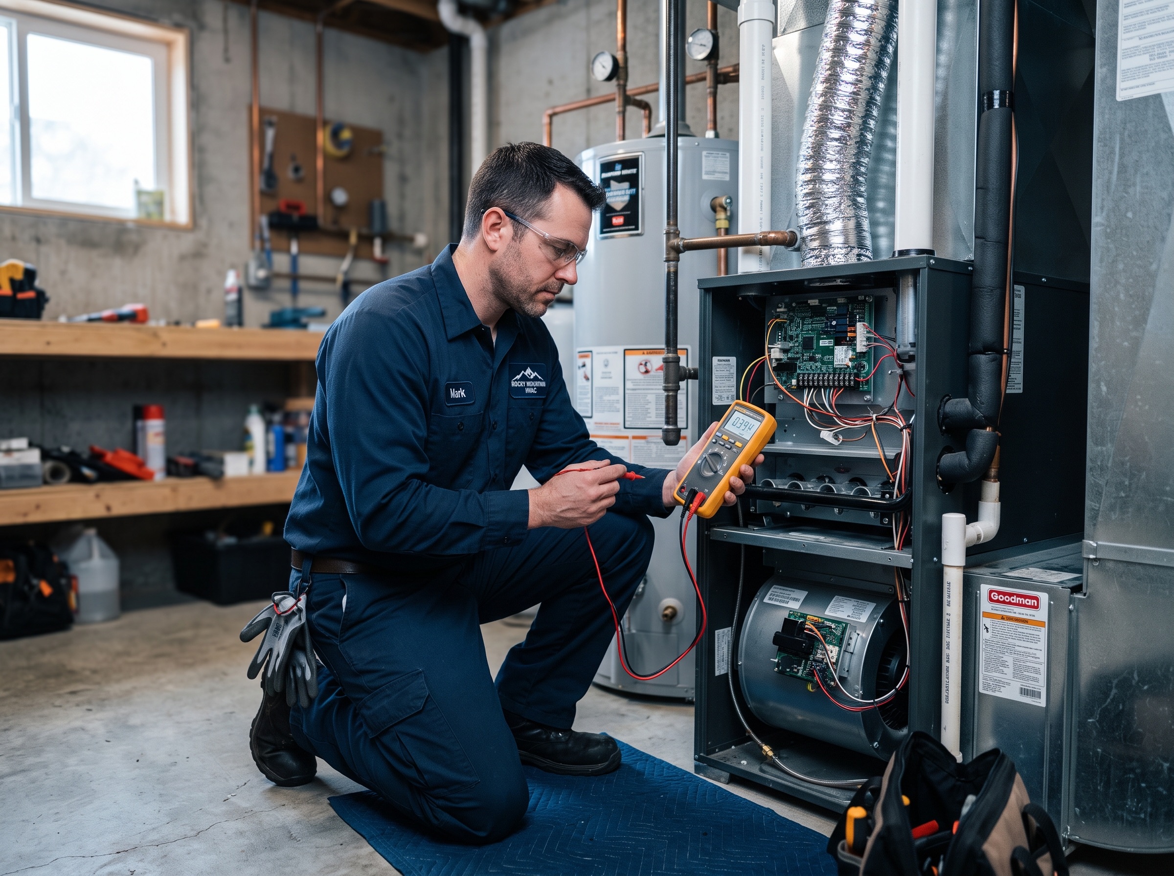 NATE-certified Apex technician diagnosing a residential furnace with a multimeter