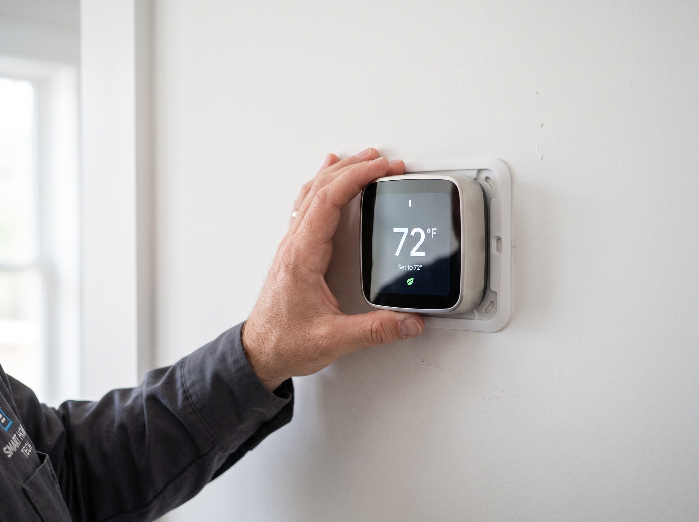 Apex technician installing a smart thermostat set to 72 degrees